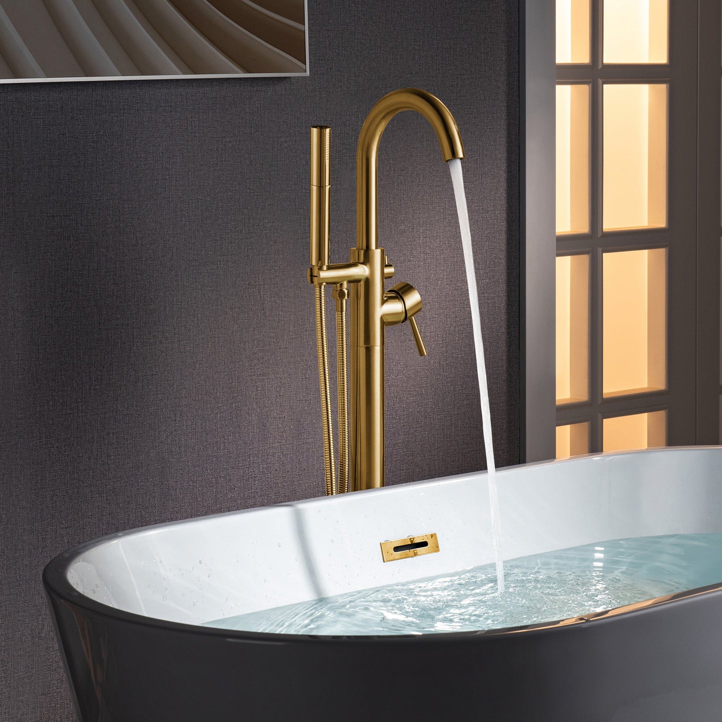 WOODBRIDGE F0023BNDR Contemporary Single Handle Floor Mount Freestanding Tub Filler Faucet with 2 Function Cylinder Style Hand Shower