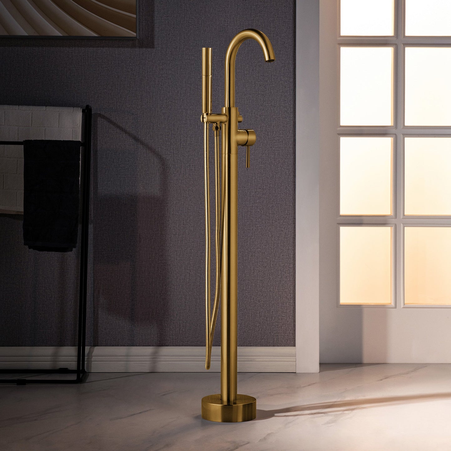 WOODBRIDGE F0023BNDR Contemporary Single Handle Floor Mount Freestanding Tub Filler Faucet with 2 Function Cylinder Style Hand Shower