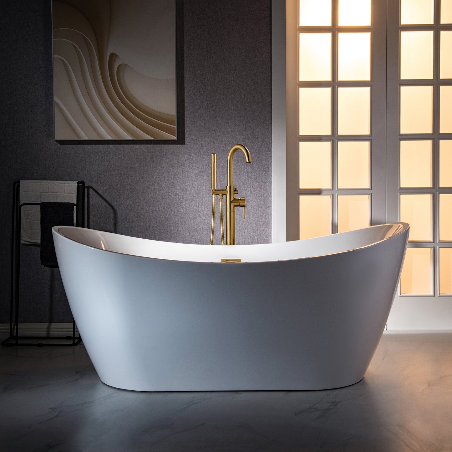 WOODBRIDGE F0023BNDR Contemporary Single Handle Floor Mount Freestanding Tub Filler Faucet with 2 Function Cylinder Style Hand Shower