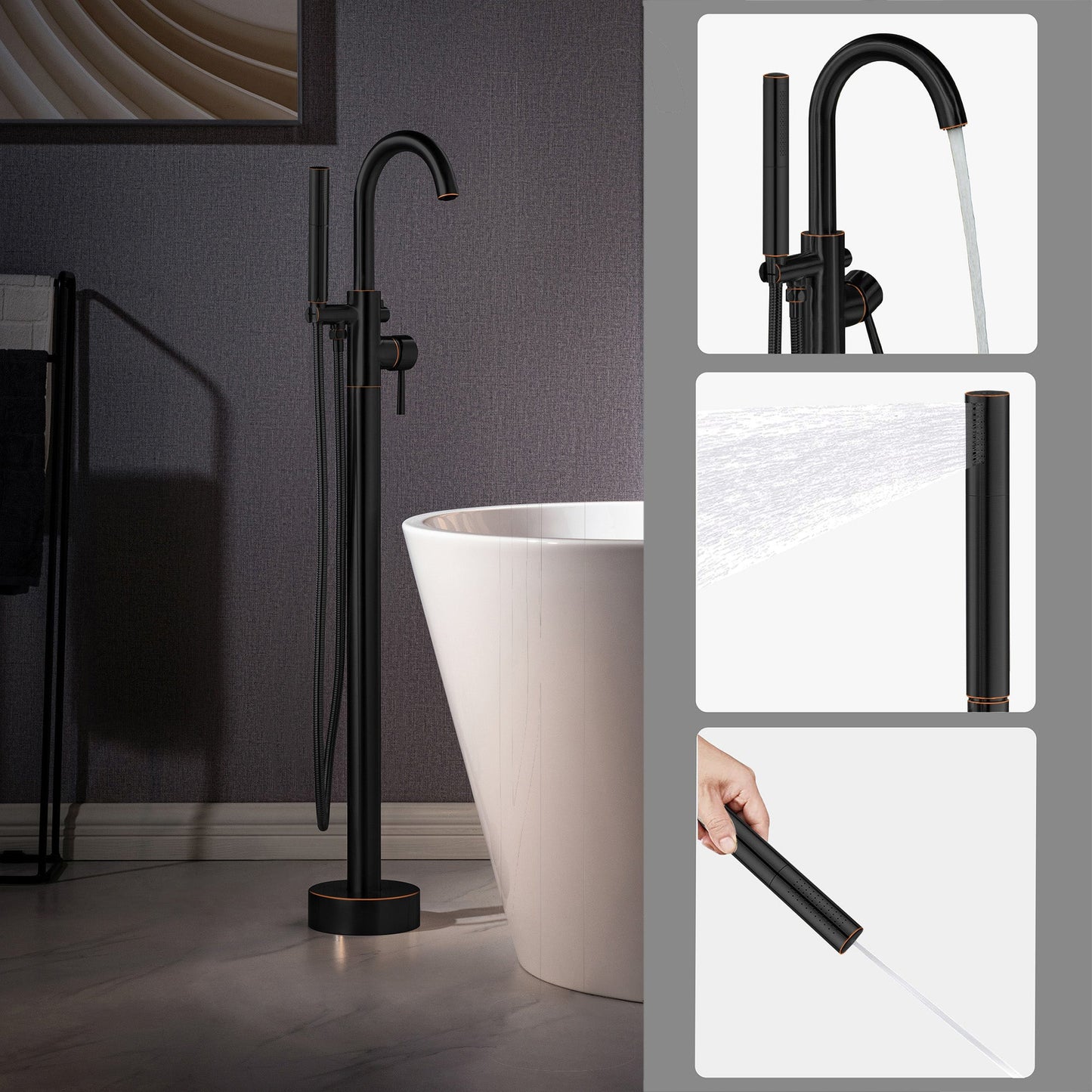 WOODBRIDGE F0023BNDR Contemporary Single Handle Floor Mount Freestanding Tub Filler Faucet with 2 Function Cylinder Style Hand Shower