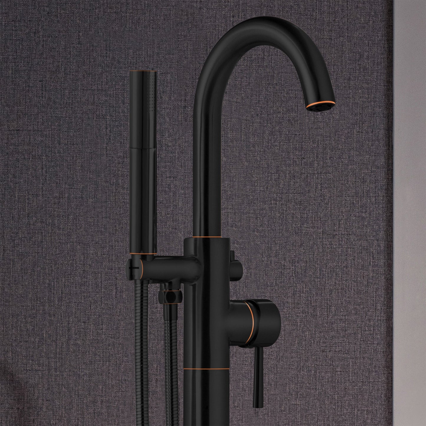 WOODBRIDGE F0023BNDR Contemporary Single Handle Floor Mount Freestanding Tub Filler Faucet with 2 Function Cylinder Style Hand Shower