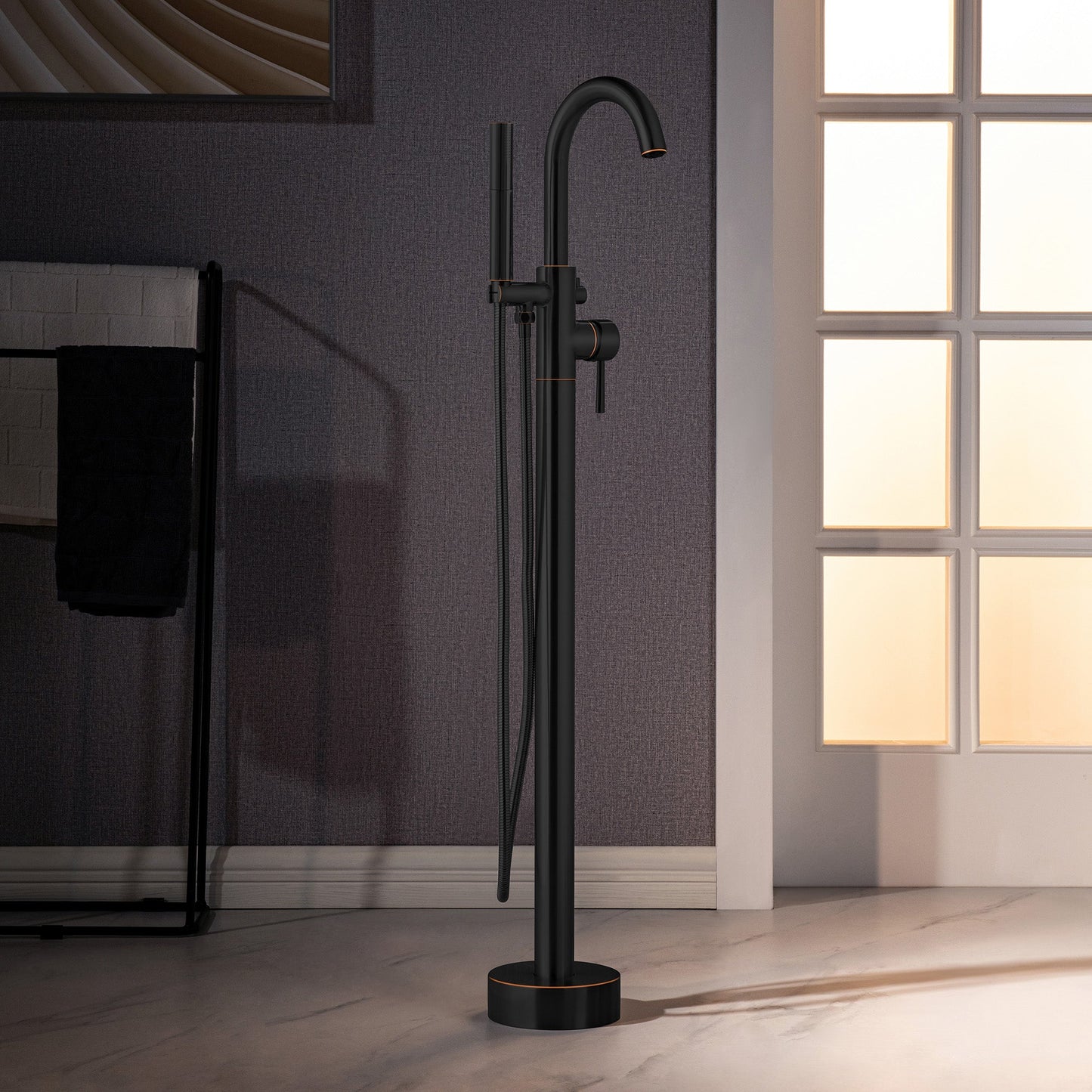 WOODBRIDGE F0023BNDR Contemporary Single Handle Floor Mount Freestanding Tub Filler Faucet with 2 Function Cylinder Style Hand Shower
