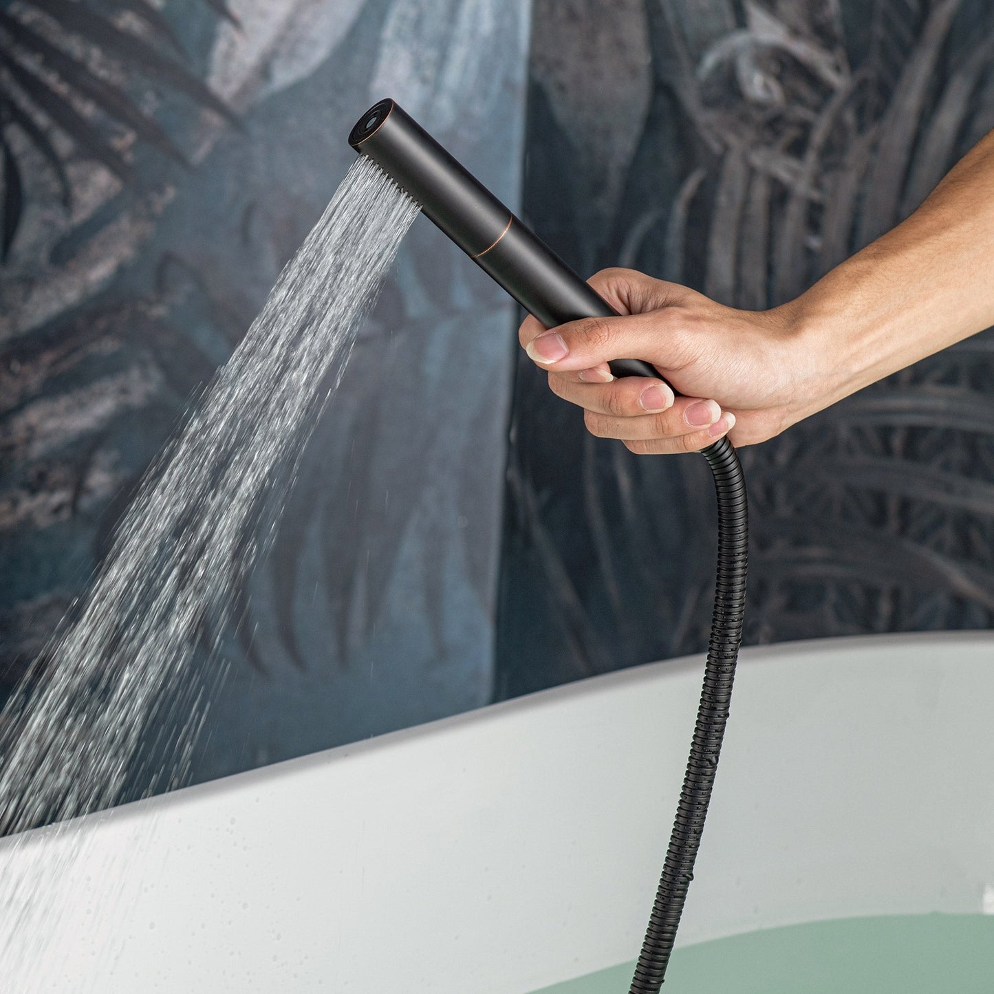 WOODBRIDGE F0023BNDR Contemporary Single Handle Floor Mount Freestanding Tub Filler Faucet with 2 Function Cylinder Style Hand Shower