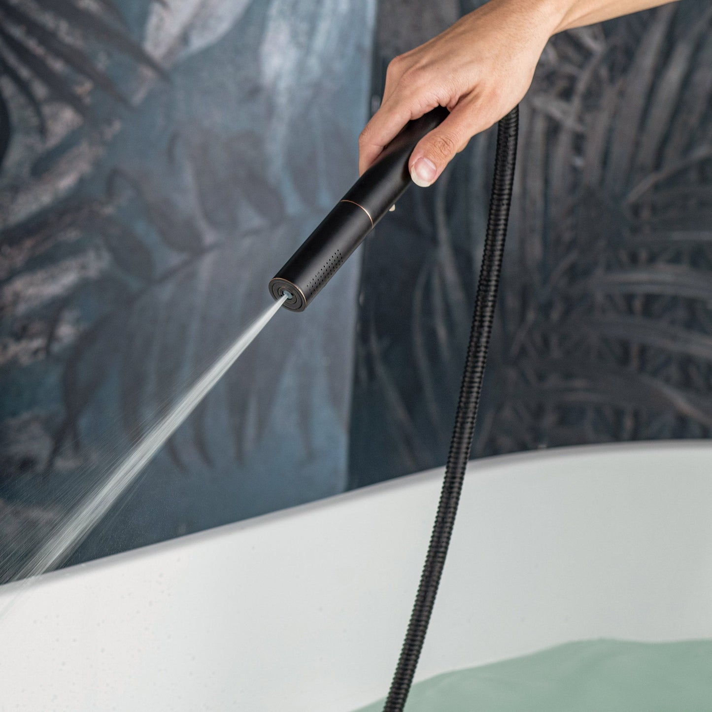 WOODBRIDGE F0023BNDR Contemporary Single Handle Floor Mount Freestanding Tub Filler Faucet with 2 Function Cylinder Style Hand Shower
