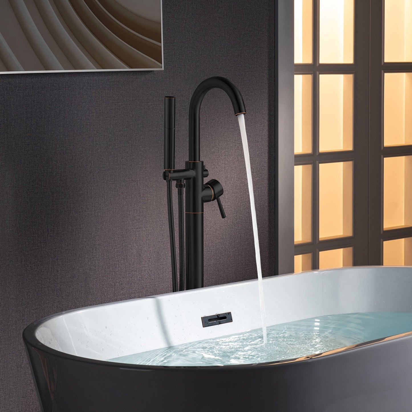 WOODBRIDGE F0023BNDR Contemporary Single Handle Floor Mount Freestanding Tub Filler Faucet with 2 Function Cylinder Style Hand Shower