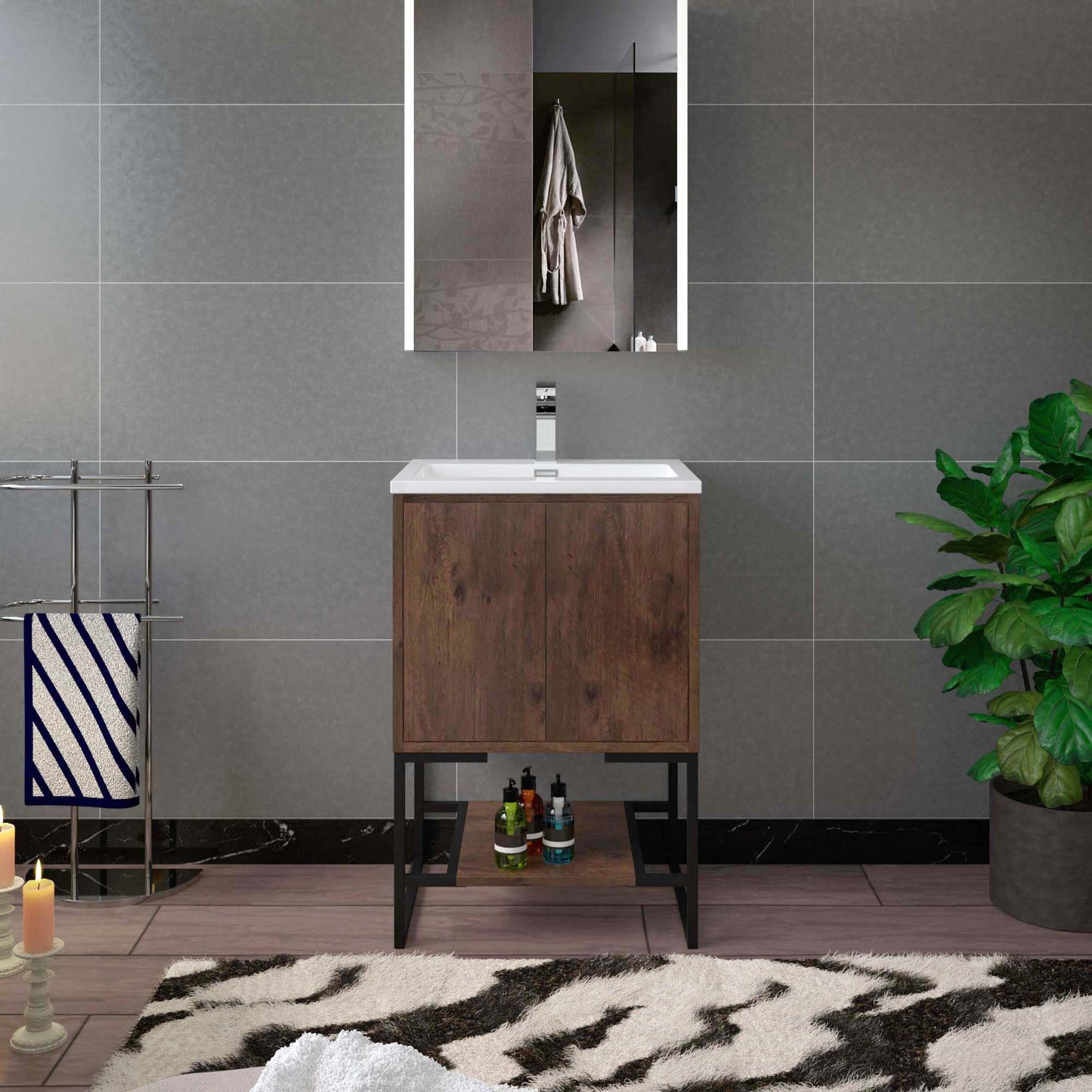 WOODBRIDGE 23-5/8 in. W x 18-7/8 in. D Bathroom Vanity in Rose Wood with Resin Composite Vanity Top in Glossy White, with Stainless Steel Frame