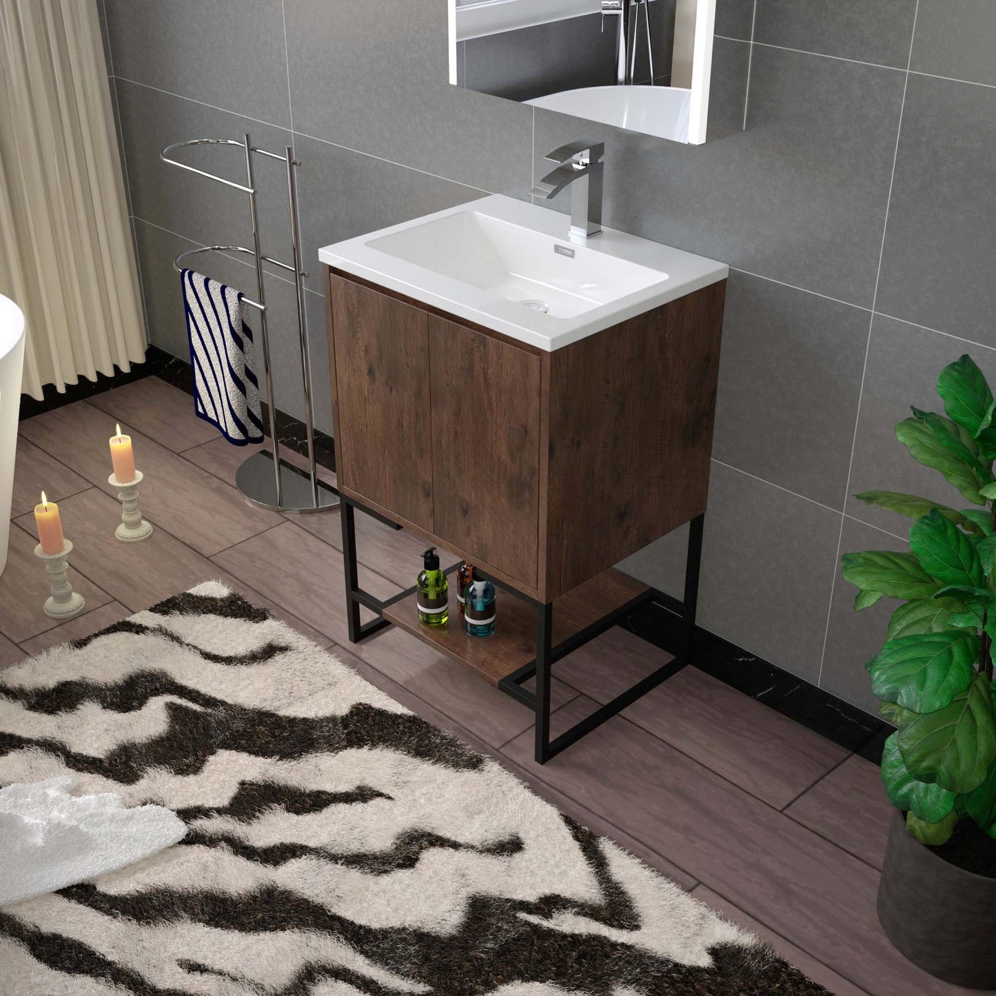 WOODBRIDGE 23-5/8 in. W x 18-7/8 in. D Bathroom Vanity in Rose Wood with Resin Composite Vanity Top in Glossy White, with Stainless Steel Frame