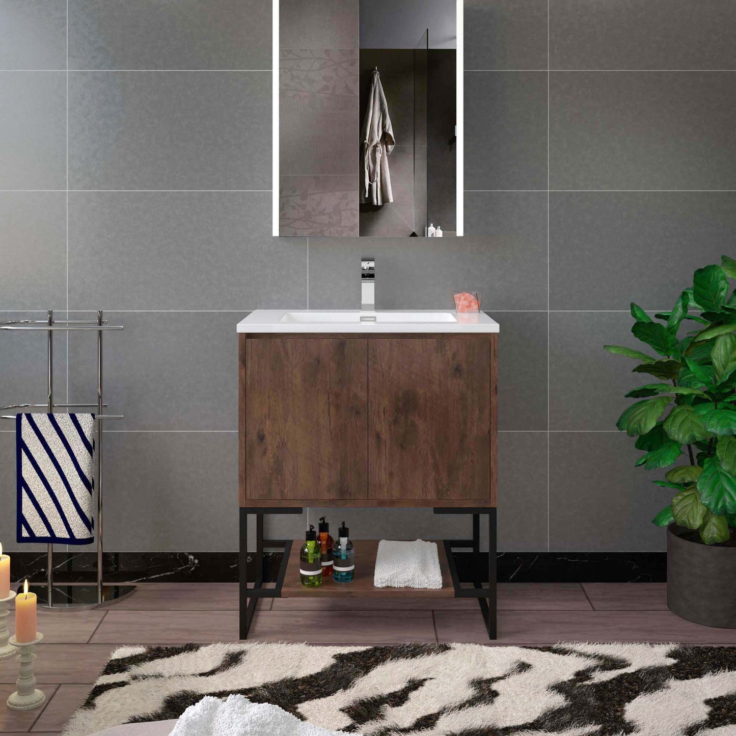 WOODBRIDGE 23-5/8 in. W x 18-7/8 in. D Bathroom Vanity in Rose Wood with Resin Composite Vanity Top in Glossy White, with Stainless Steel Frame