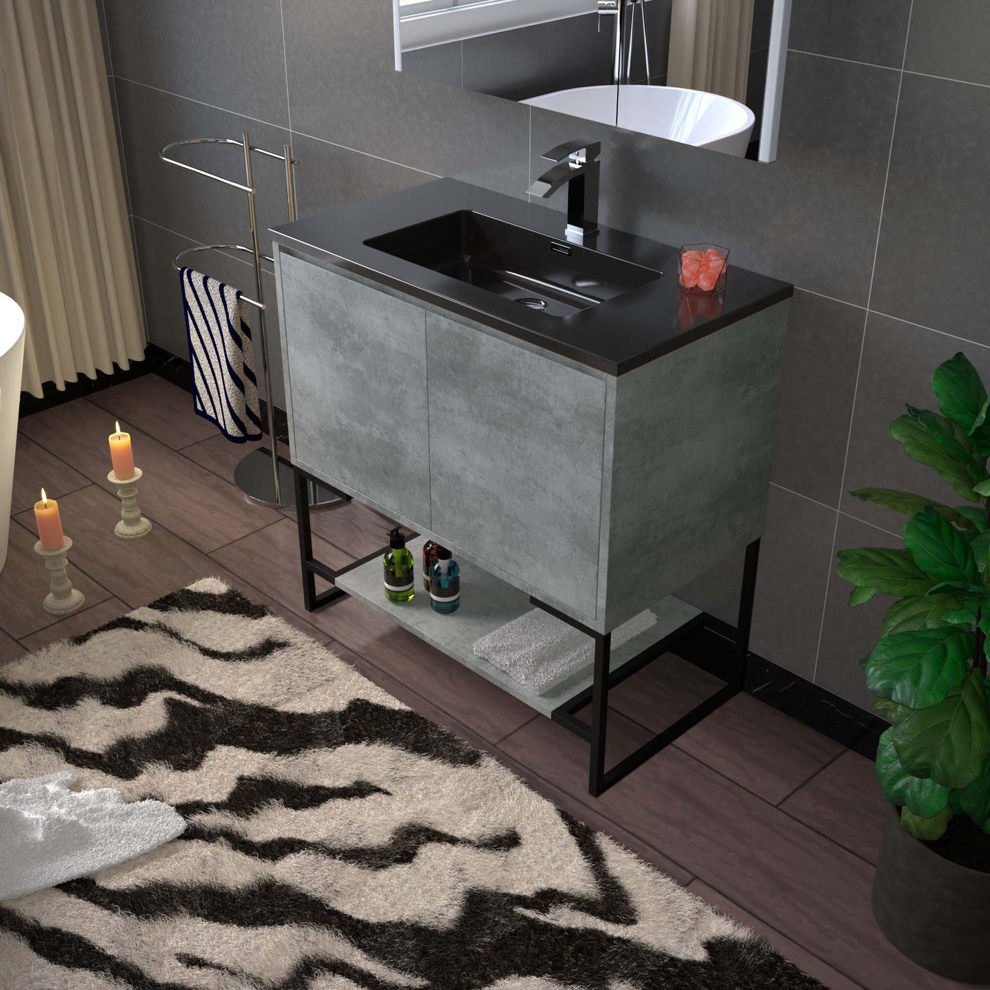 WOODBRIDGE 24 in. W x 19 in. D Bathroom Vanity in Gray with Quartz Sand Composite Vanity Top in Matte Black, with Stainless Steel Frame