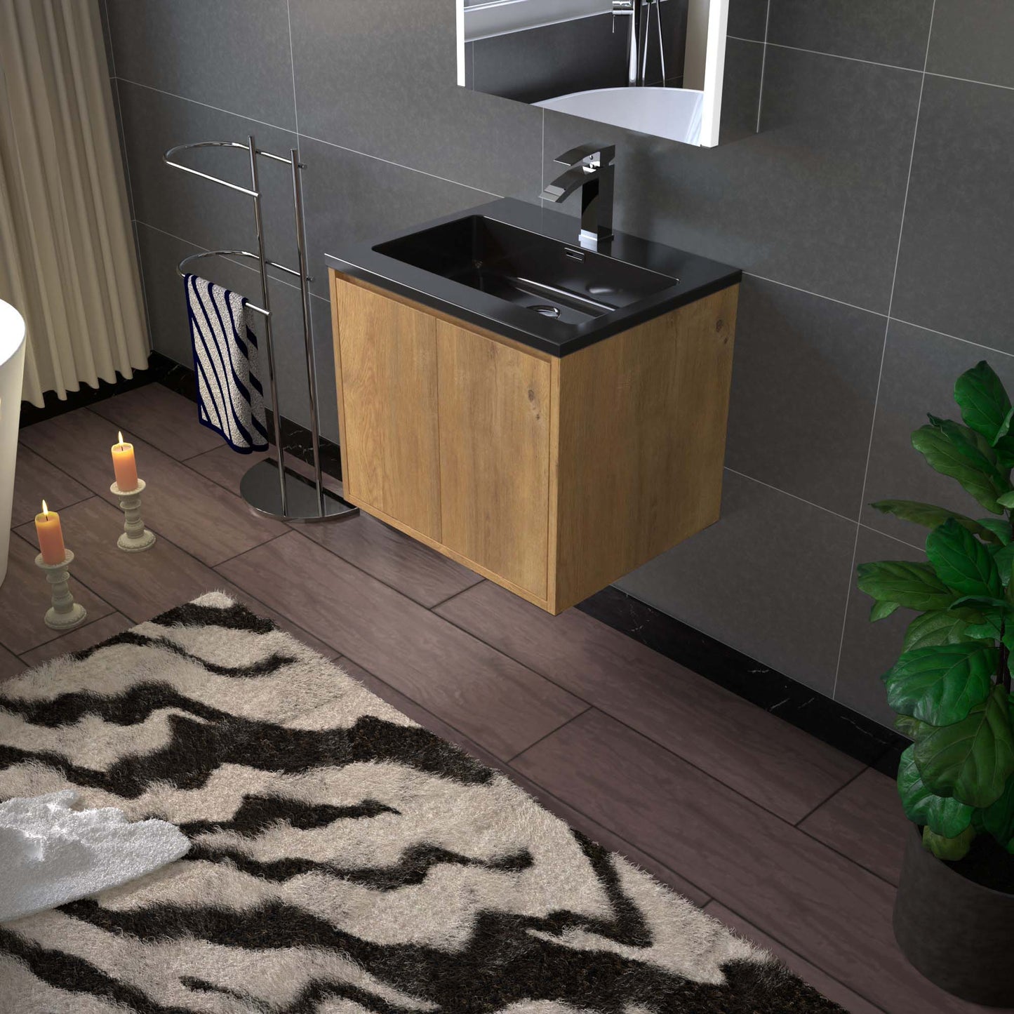 WOODBRIDGE 24 in. W x 19 in. D Bathroom Vanity in Rose Wood with Quartz Sand Composite Vanity Top in Glossy Matte Black, with Stainless Steel Frame