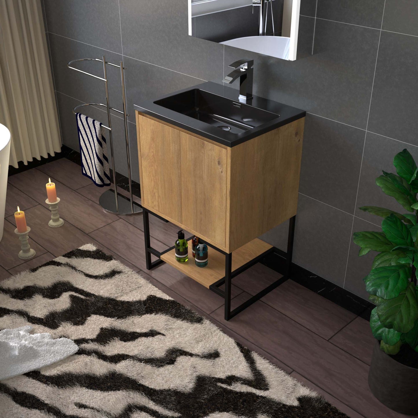WOODBRIDGE 24 in. W x 19 in. D Bathroom Vanity in Rose Wood with Quartz Sand Composite Vanity Top in Glossy Matte Black, with Stainless Steel Frame