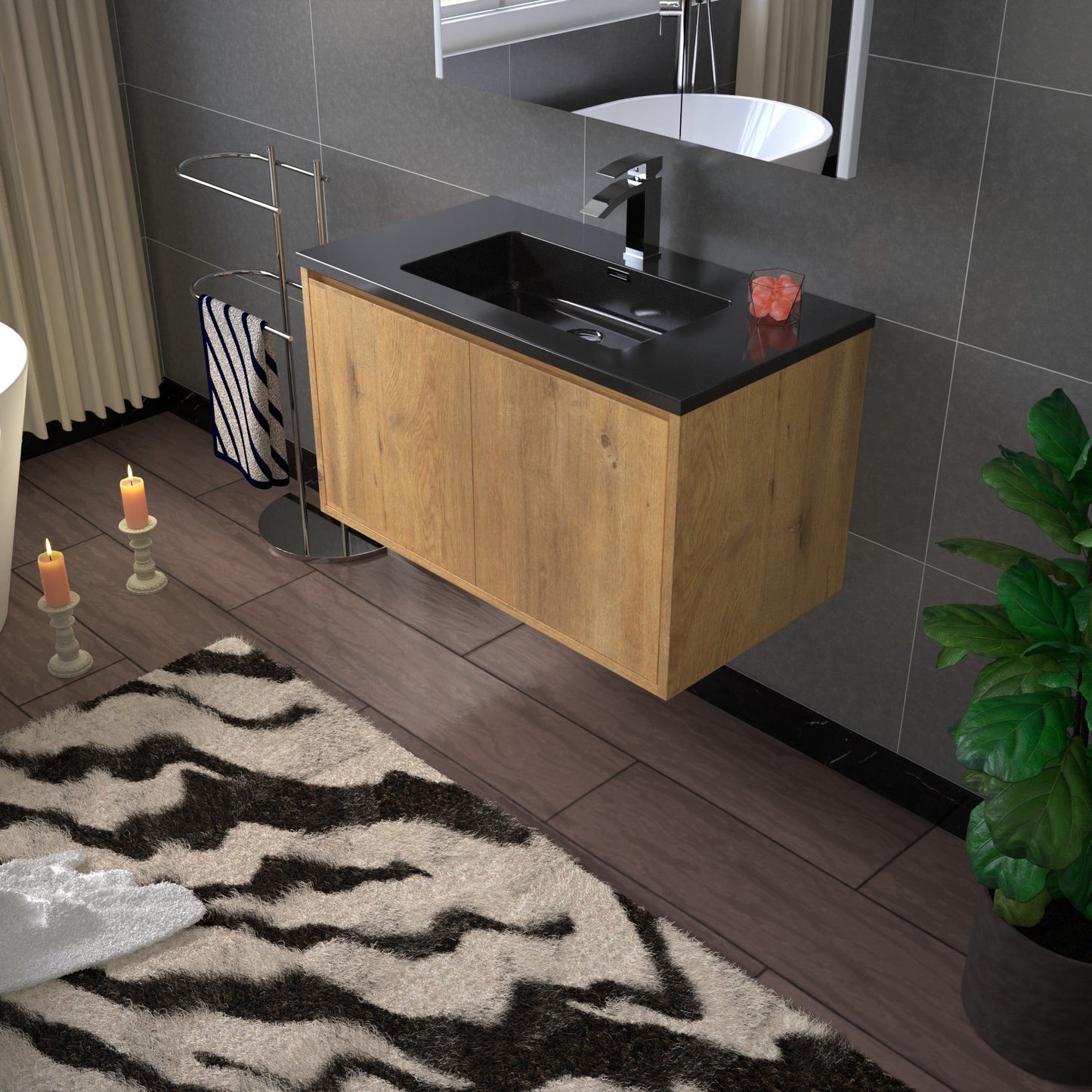 WOODBRIDGE 24 in. W x 19 in. D Bathroom Vanity in Rose Wood with Quartz Sand Composite Vanity Top in Glossy Matte Black, with Stainless Steel Frame