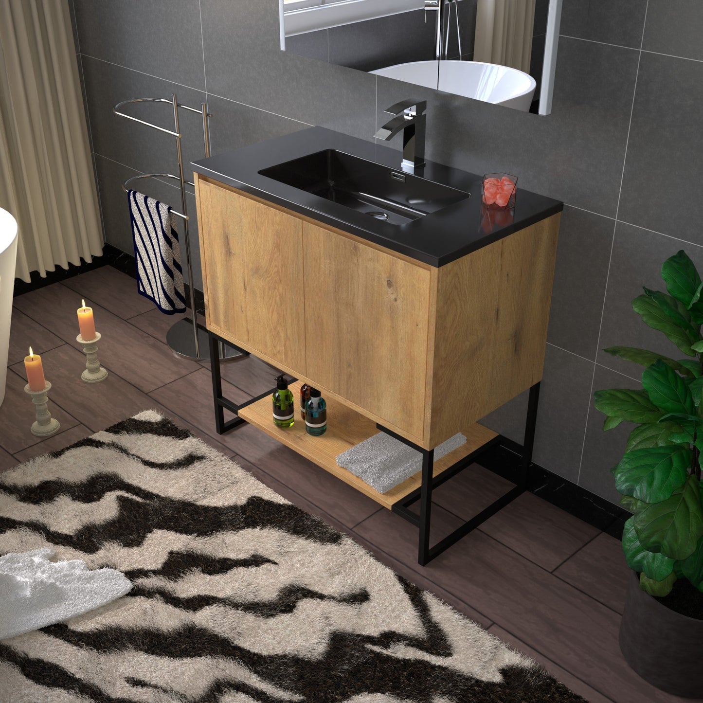 WOODBRIDGE 24 in. W x 19 in. D Bathroom Vanity in Rose Wood with Quartz Sand Composite Vanity Top in Glossy Matte Black, with Stainless Steel Frame