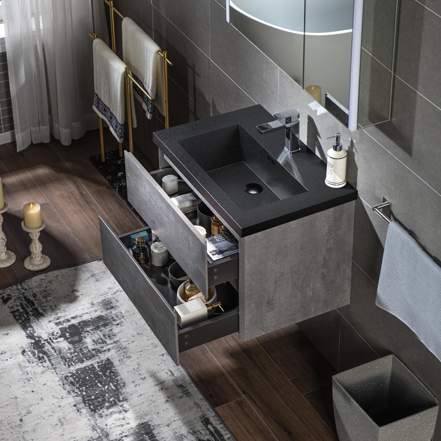 WOODBRIDGE 23-5/8 in. W x 19-5/8 in. D Wall Mounted Floating Bathroom Vanity in Gray with Quartz Sand Composite Vanity Top in Matte Black