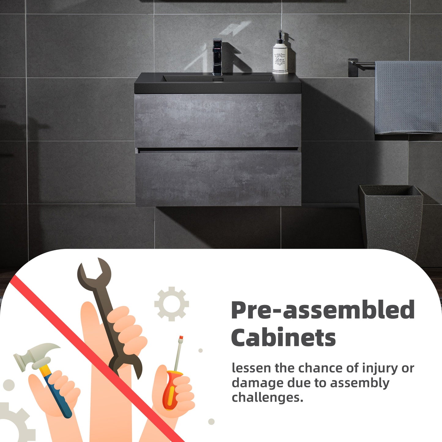 WOODBRIDGE 23-5/8 in. W x 19-5/8 in. D Wall Mounted Floating Bathroom Vanity in Gray with Quartz Sand Composite Vanity Top in Matte Black