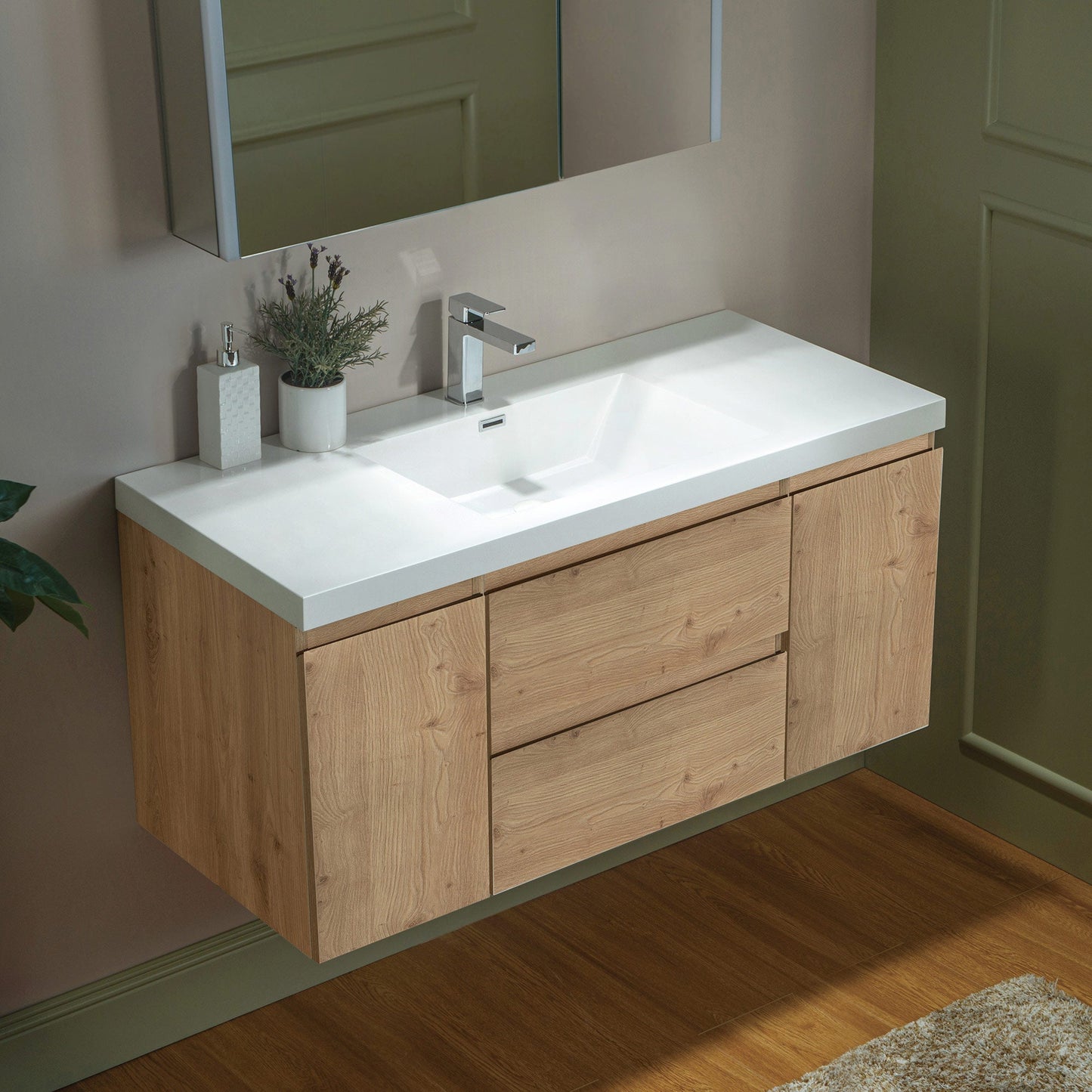 WOODBRIDGE 23-5/8 in. W x 19-5/8 in. D Wall Mounted Floating Vanity in Natural Oak with Resin Composite Vanity Top in Glossy White