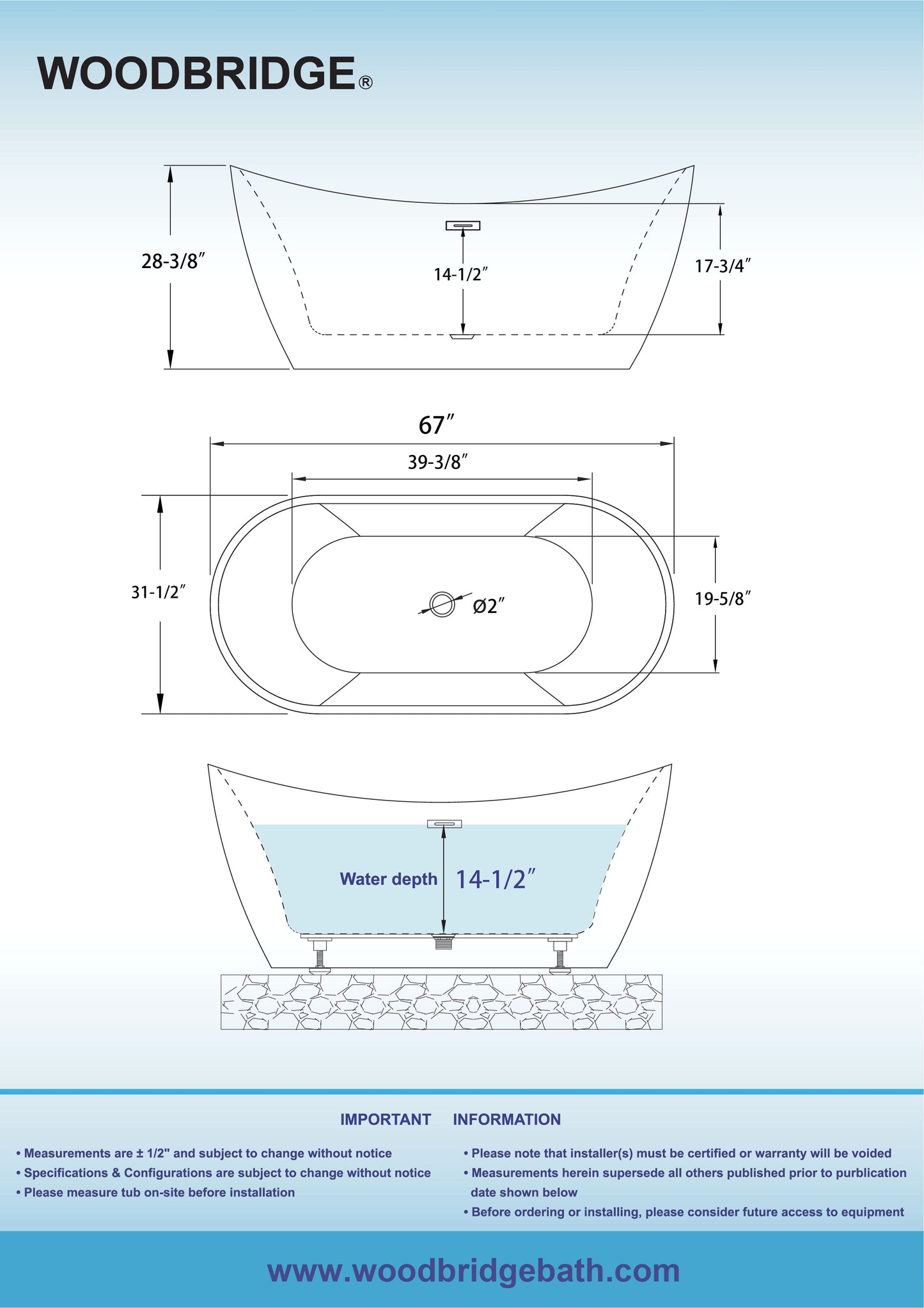 WOODBRIDGE 67" L x 31-1/2" W Freestanding Contemporary Acrylic Soaking Bathtub