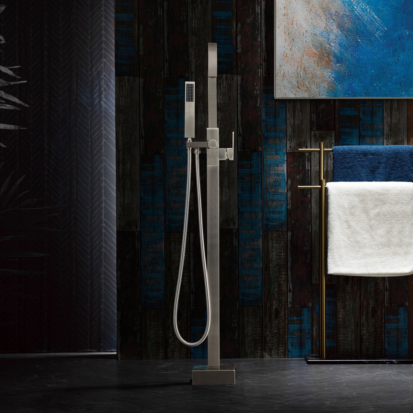 WOODBRIDGE F0060BN Contemporary Single Handle Floor Mount Freestanding Tub Filler Faucet with Hand Shower