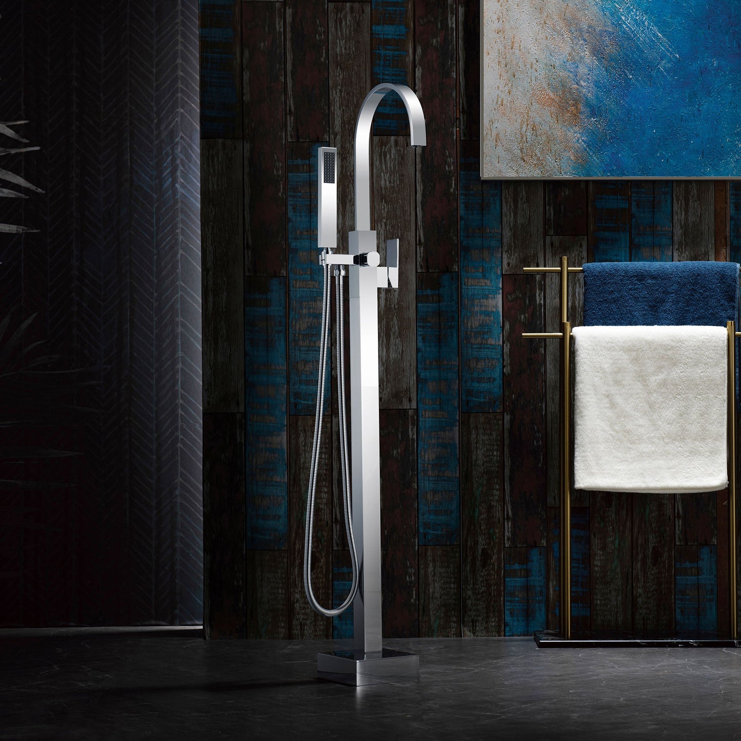 WOODBRIDGE F0060BN Contemporary Single Handle Floor Mount Freestanding Tub Filler Faucet with Hand Shower