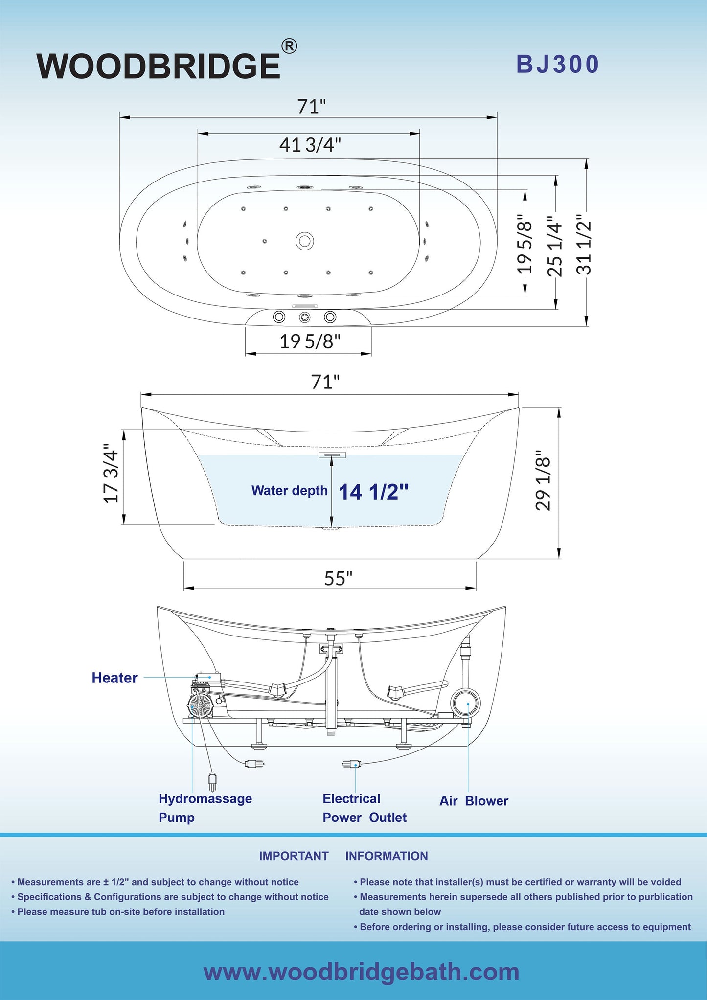 WOODBRIDGE 71" x 31-1/2" Whirlpool Water Jetted and Air Bubble Freestanding Heated Soaking Combination Bathtub