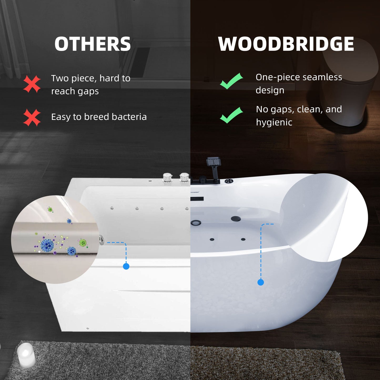 WOODBRIDGE 72" x 35-3/8" Whirlpool and Air Bath Heated Soaking Combination Tub with Adjustable Speed Air Blower, Tub Filler, and LED control panel, Matte Black Finish Trim and Drain Kit