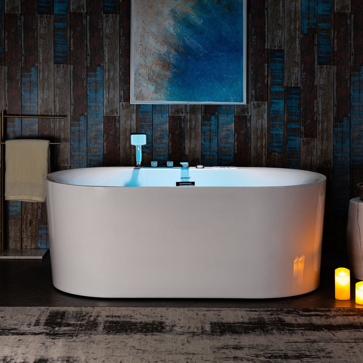 WOODBRIDGE 59" x 31-1/2" Whirlpool Water Jetted and Air Bubble Freestanding Heated Soaking Combination Bathtub with Tub Filler and LED control panel