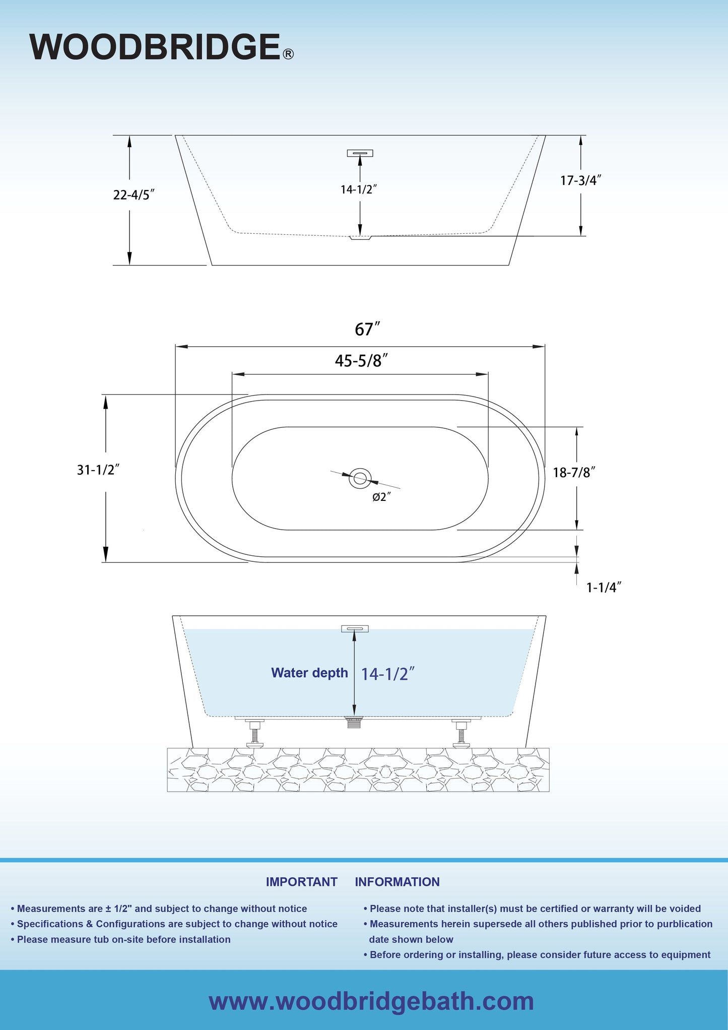 WOODBRIDGE 67" L x 31-1/2" W Freestanding Contemporary Acrylic Soaking Bathtub