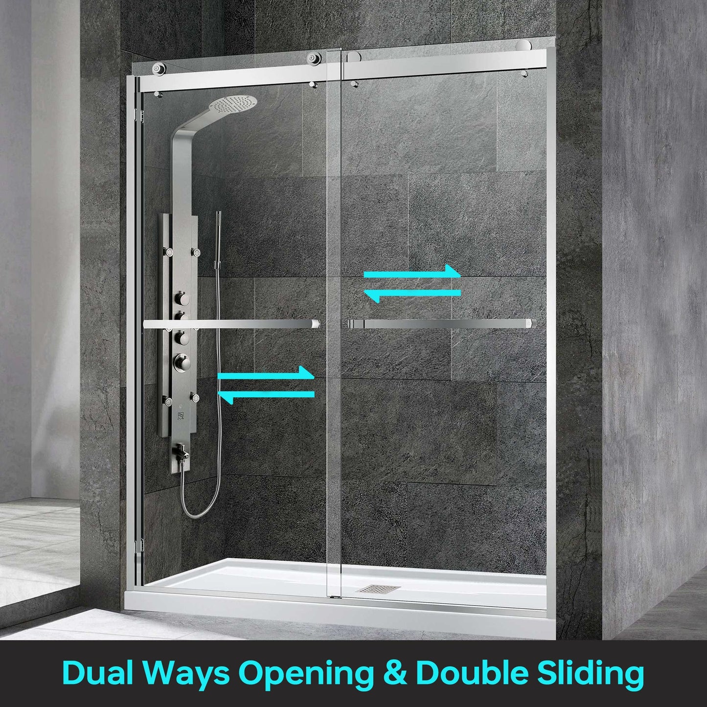 WOODBRIDGE Frameless Shower Doors 56-60" Width x 76"Height with 3/8"(10mm) Clear Tempered Glass, 2 Ways Opening & Double Sliding