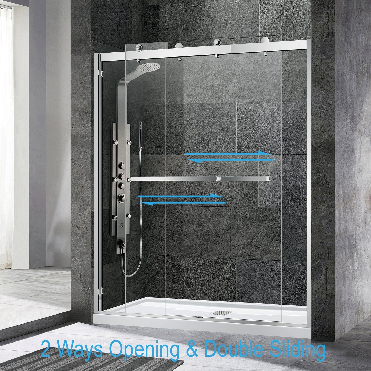 WOODBRIDGE Frameless Shower Doors 56-60" Width x 76"Height with 3/8"(10mm) Clear Tempered Glass, 2 Ways Opening & Double Sliding