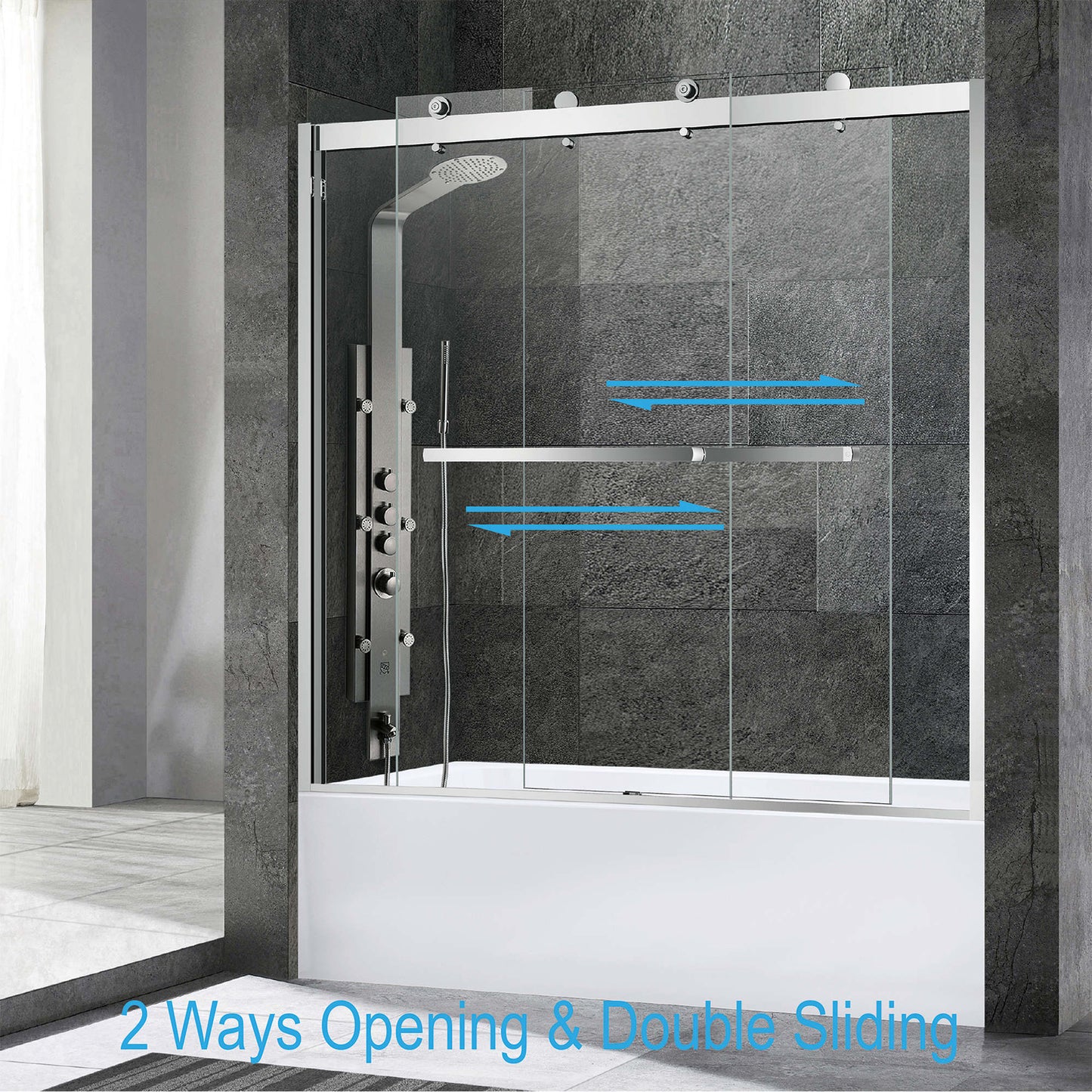 WOODBRIDGE Frameless Bathtub Shower Doors 56-60" Width x 62"Height with 3/8"(10mm) Clear Tempered Glass, 2 Ways Opening & Double Sliding