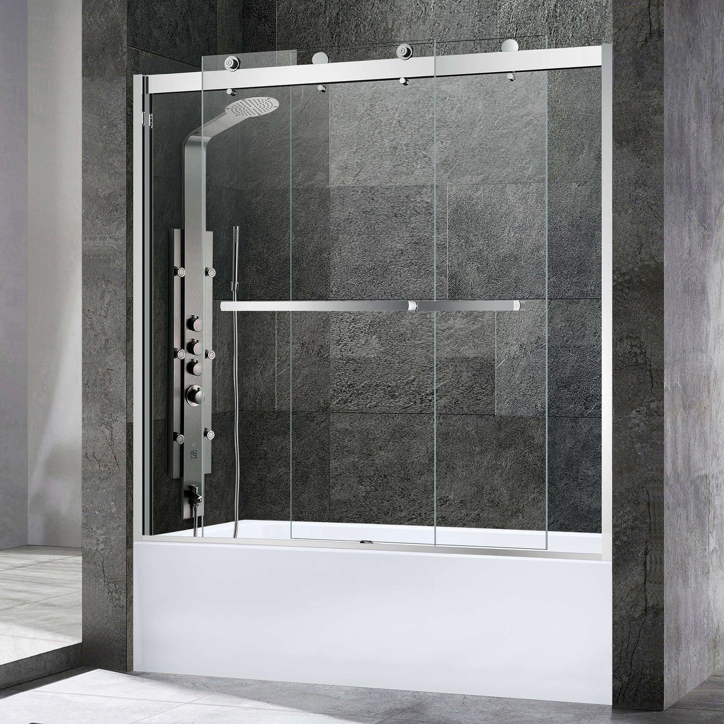 WOODBRIDGE Frameless Bathtub Shower Doors 56-60" Width x 62"Height with 3/8"(10mm) Clear Tempered Glass, 2 Ways Opening & Double Sliding