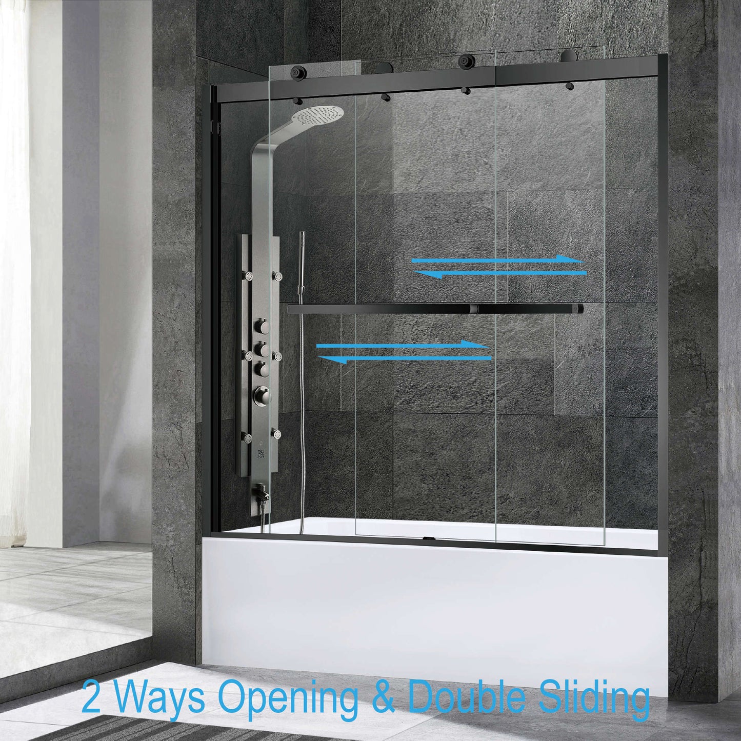 WOODBRIDGE Frameless Bathtub Shower Doors 56-60" Width x 62"Height with 3/8"(10mm) Clear Tempered Glass, 2 Ways Opening & Double Sliding