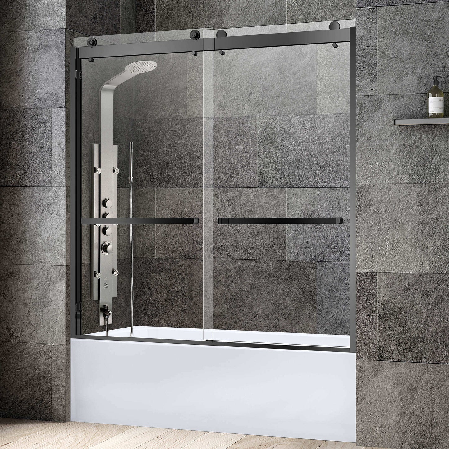 WOODBRIDGE Frameless Bathtub Shower Doors 56-60" Width x 62"Height with 3/8"(10mm) Clear Tempered Glass, 2 Ways Opening & Double Sliding