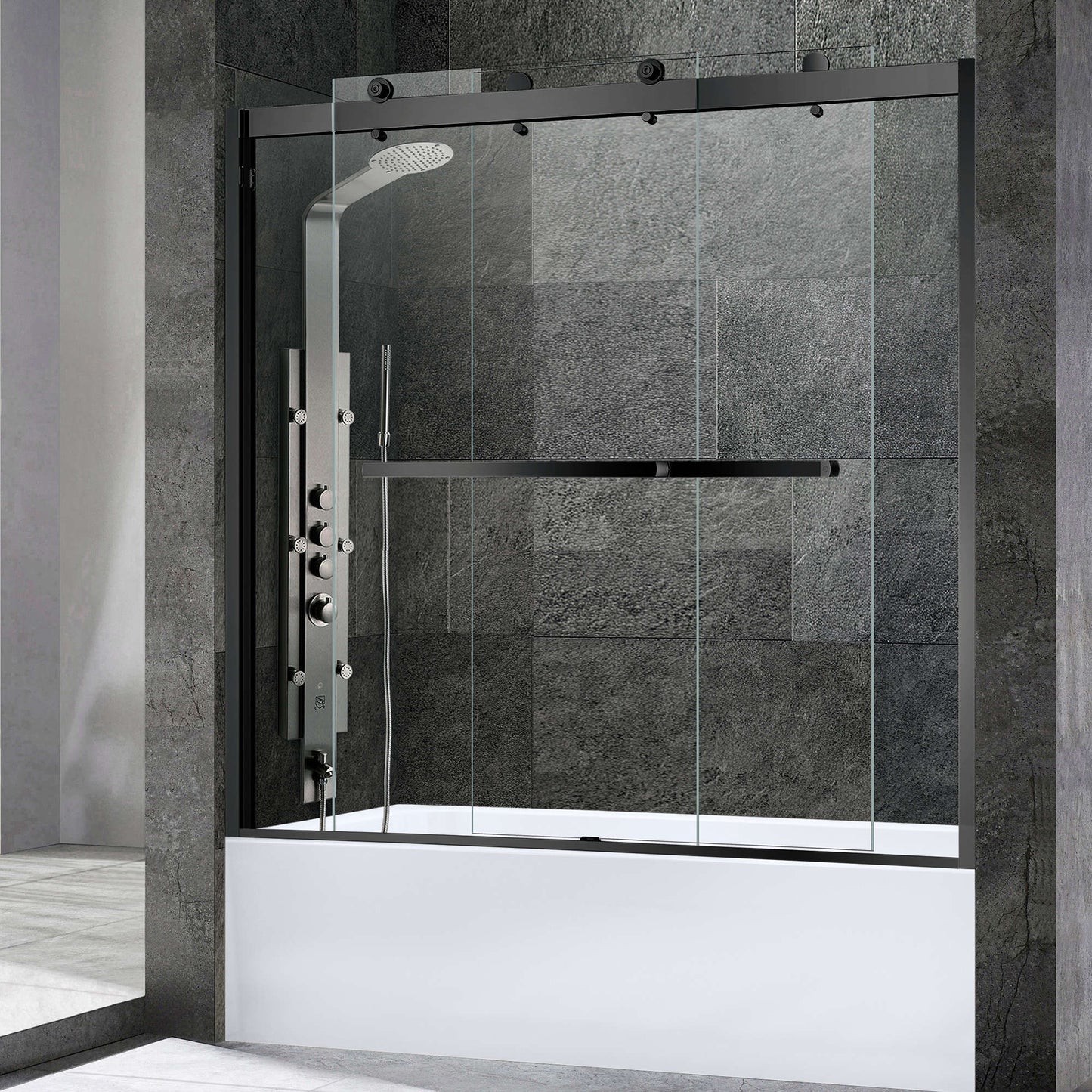 WOODBRIDGE Frameless Bathtub Shower Doors 56-60" Width x 62"Height with 3/8"(10mm) Clear Tempered Glass, 2 Ways Opening & Double Sliding