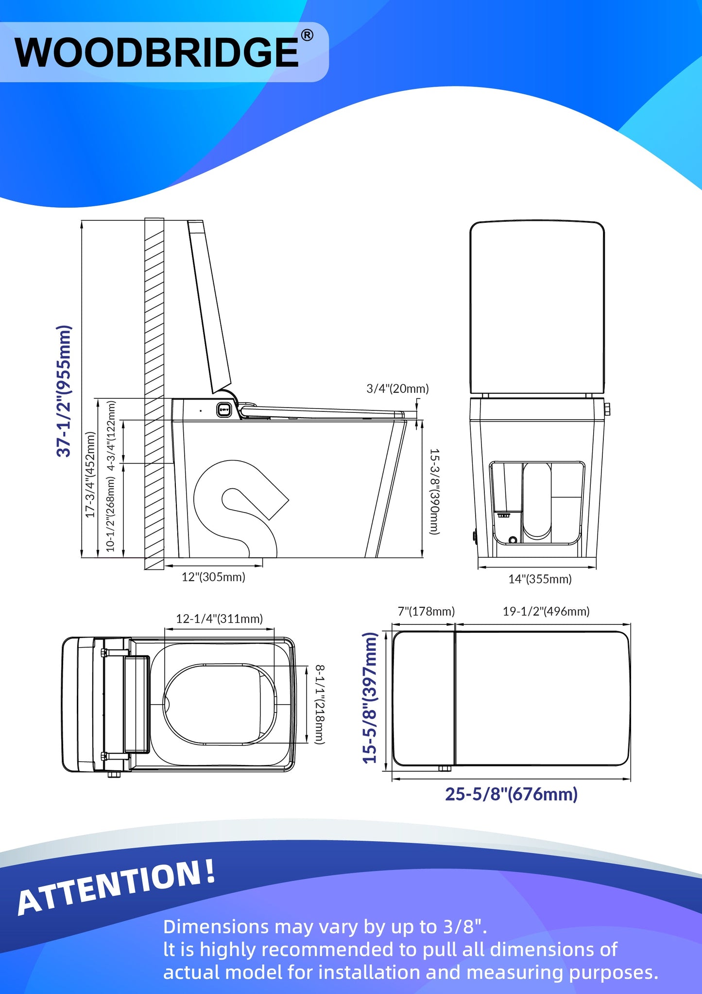WOODBRIDGE EBT-WH01 One Piece Square Smart Bidet Toilet with Auto Open & Close, Foot Sensor, Auto Flush, Multiple Spray Modes, Heated Seat, Warm Water and Air Dryer, Auto LED Nightlight