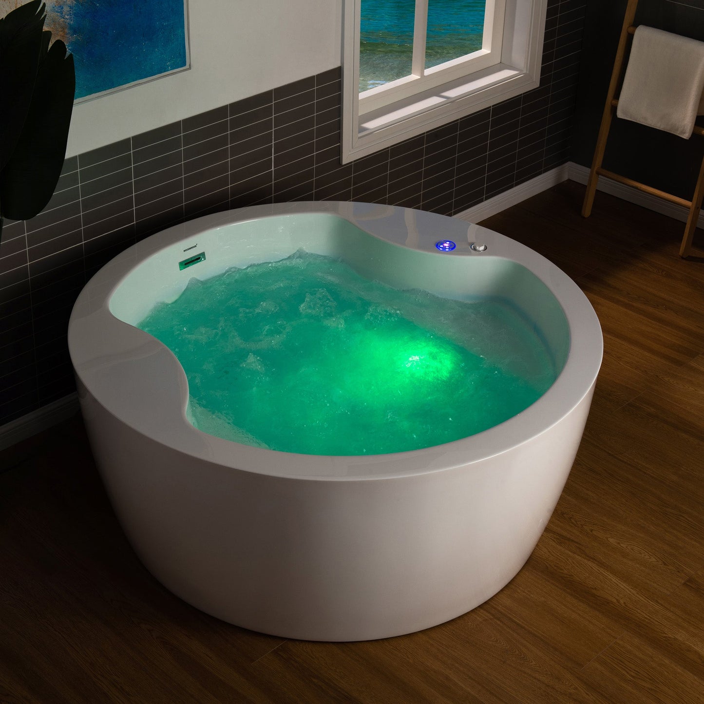 WOODBRIDGE Spacious 59" Whirlpool and Air Bath Heated Soaking Tub with Adjustable Speed Air Blower, LED Control Panel, Integrated Seat