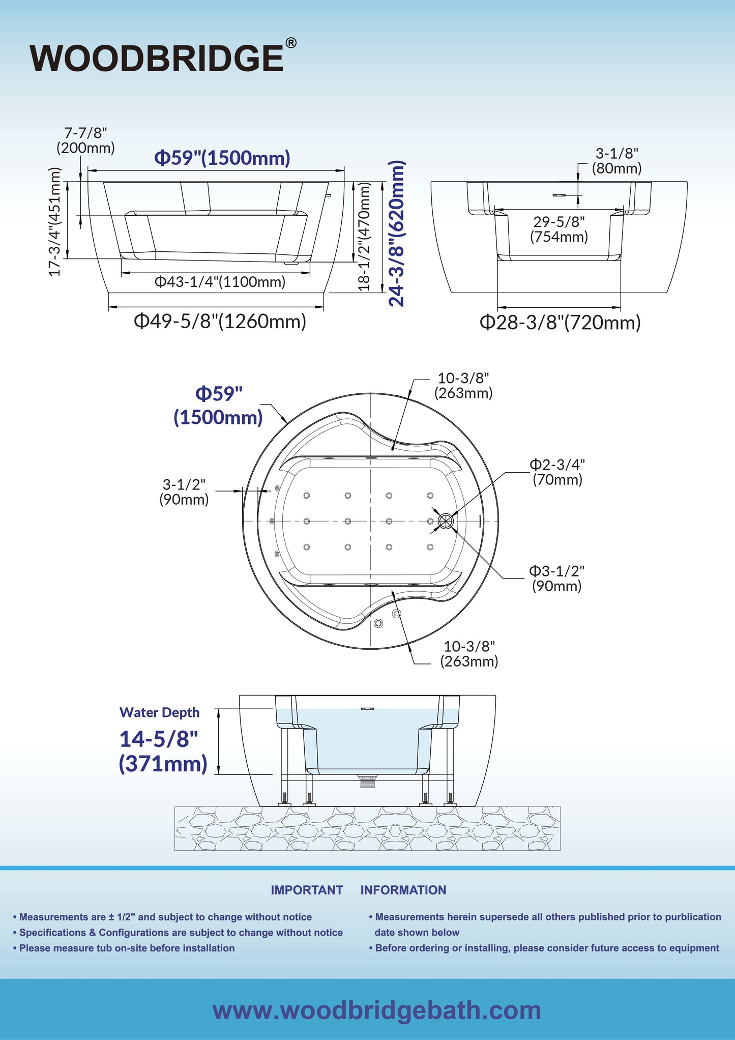 WOODBRIDGE Spacious 59" Whirlpool and Air Bath Heated Soaking Tub with Adjustable Speed Air Blower, LED Control Panel, Integrated Seat
