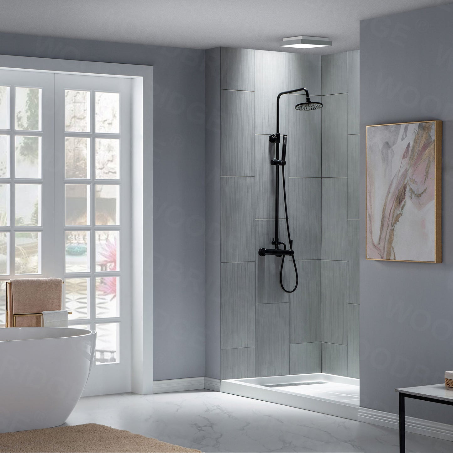 Best Seller WOODBRIDGE Solid Surface 60" W x 96" H Tile Tub and Shower Wall Panel Surround, Quick Install, Cuttable, Stacked Block in a Staggered Vertical Pattern