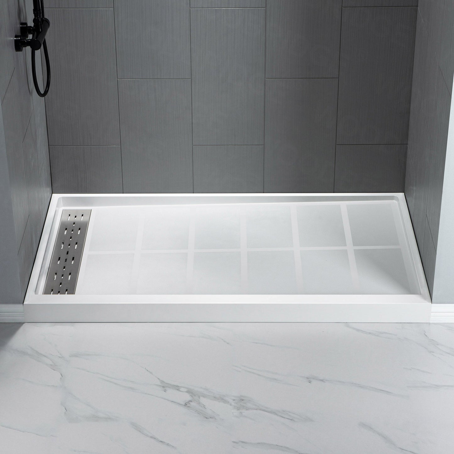 Best Seller WOODBRIDGE Solid Surface 60" W x 96" H Tile Tub and Shower Wall Panel Surround, Quick Install, Cuttable, Stacked Block in a Staggered Vertical Pattern