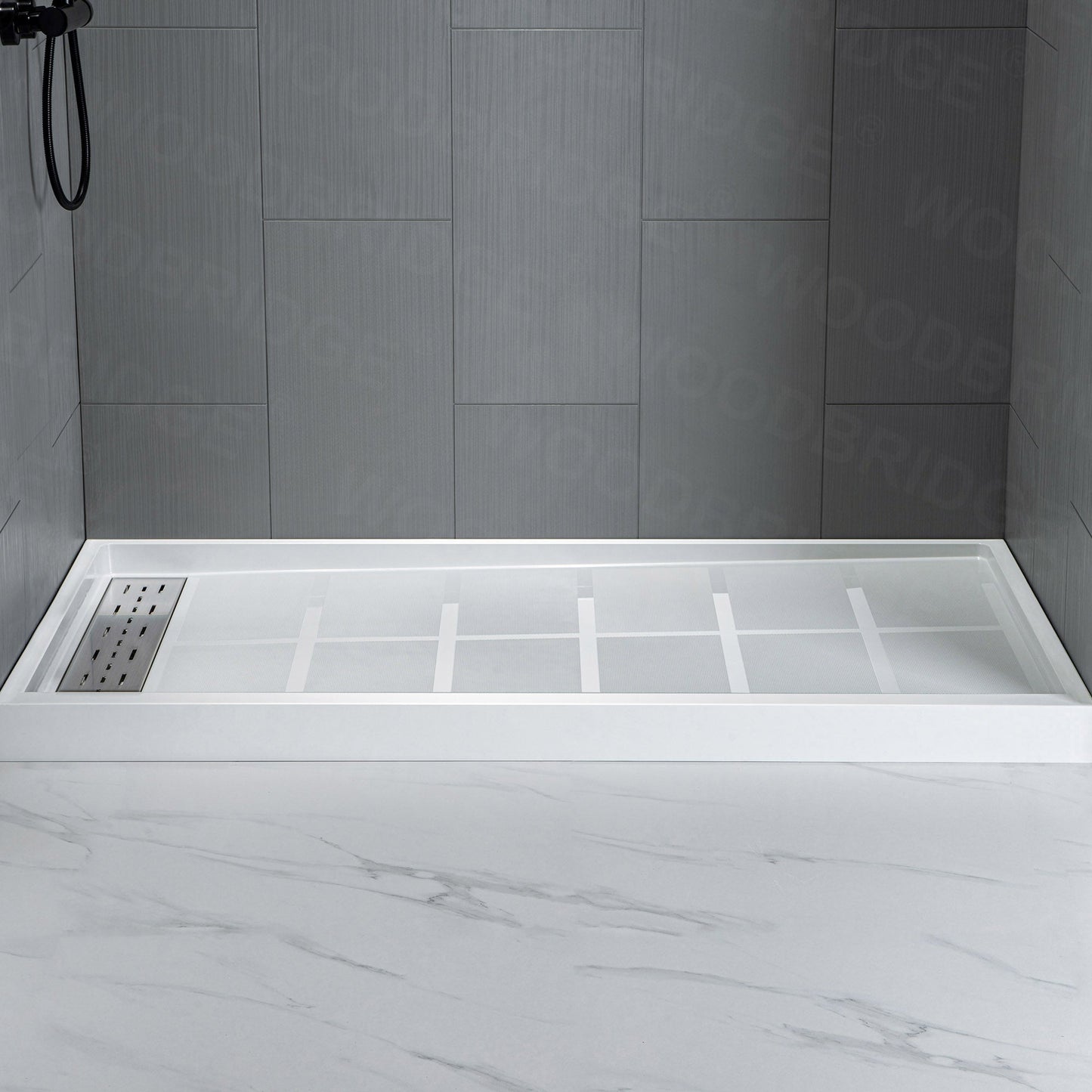 Best Seller WOODBRIDGE Solid Surface 60" W x 96" H Tile Tub and Shower Wall Panel Surround, Quick Install, Cuttable, Stacked Block in a Staggered Vertical Pattern