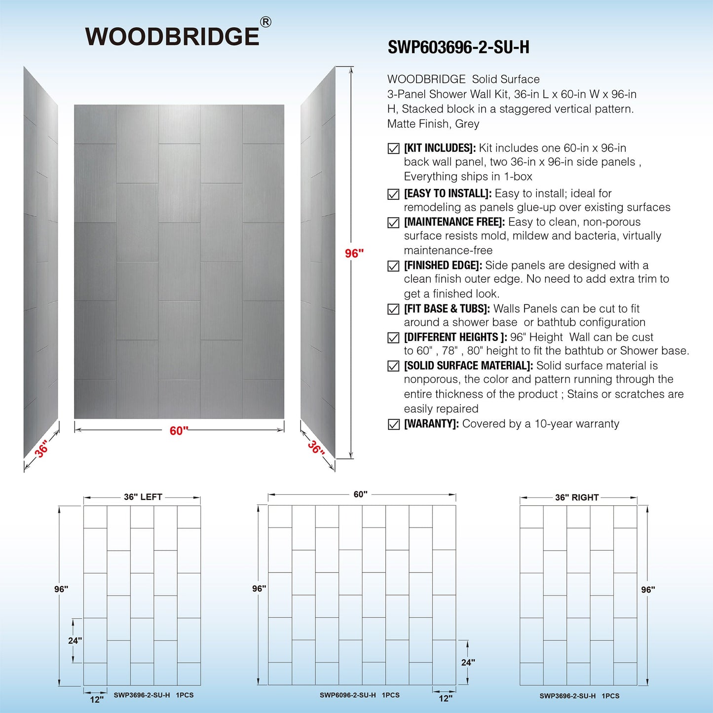 Best Seller WOODBRIDGE Solid Surface 60" W x 96" H Tile Tub and Shower Wall Panel Surround, Quick Install, Cuttable, Stacked Block in a Staggered Vertical Pattern