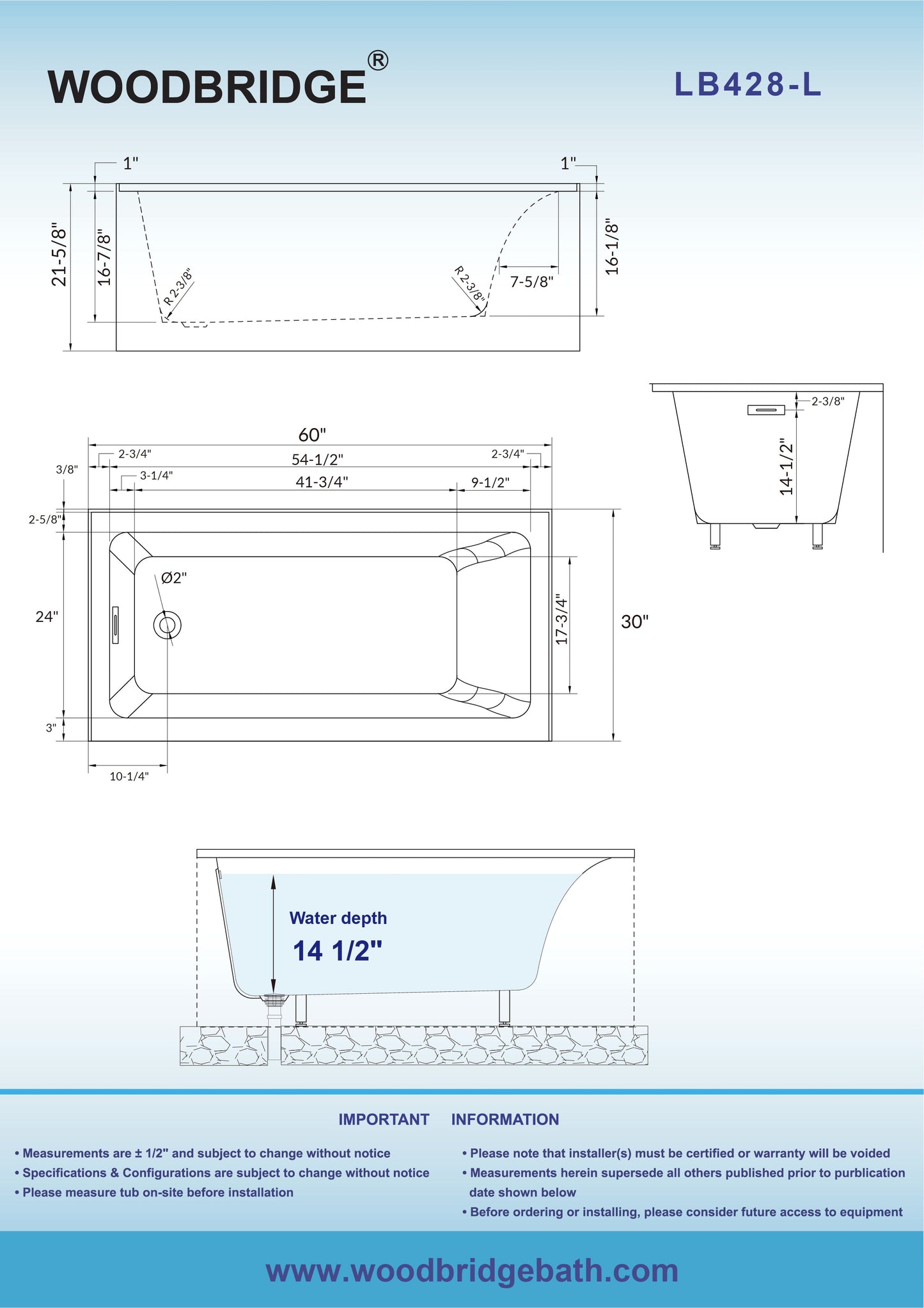 WOODBRIDGE 60" Acrylic Rectangular Alcove Soaking Bathtub in White with Left Drain