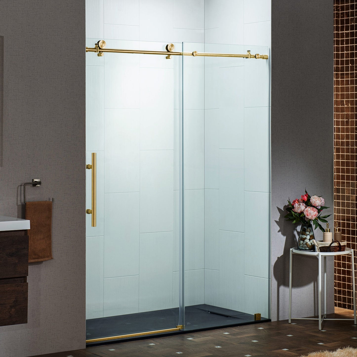 WOODBRIDGE Frameless Single Sliding Shower Doors, 45.5-48" Width x 76"Height with 3/8"(10mm) Clear Tempered Glass, Soft Close System and Explosion-Proof Film