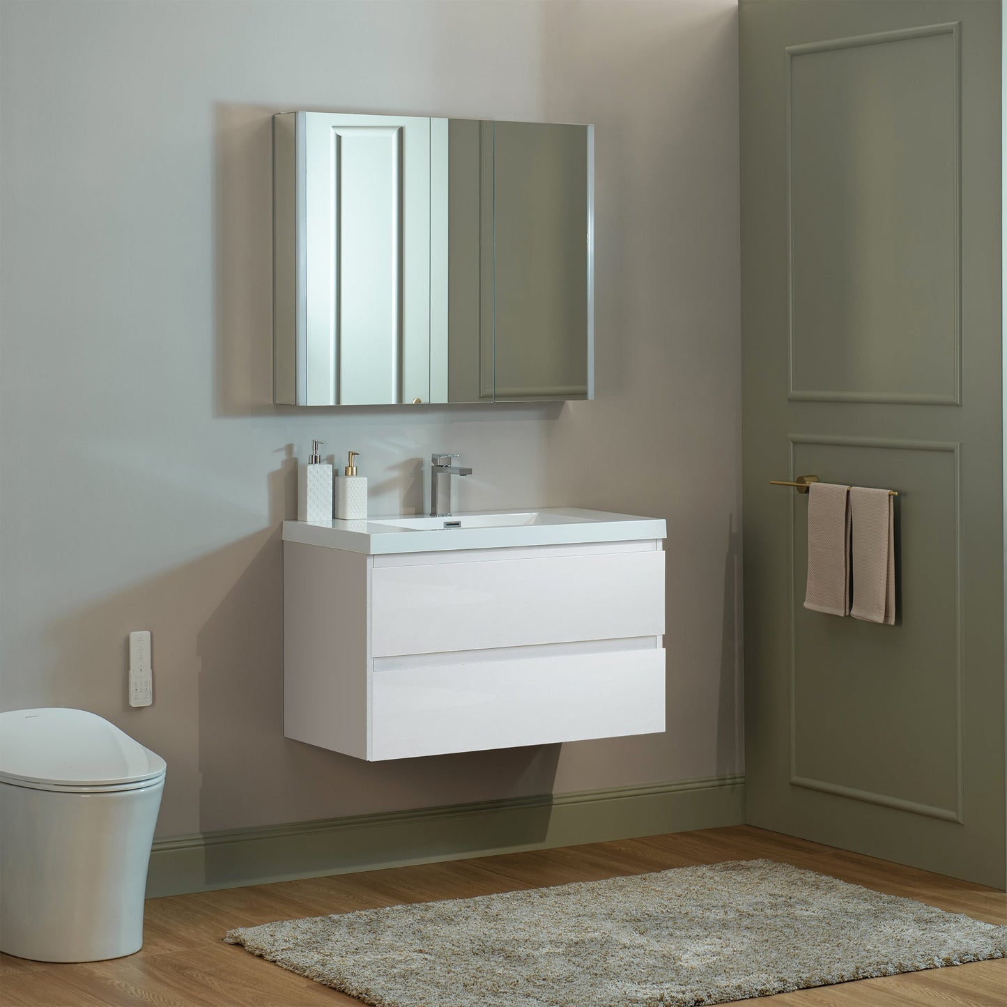 WOODBRIDGE 35-3/8 in. W x 19-5/8 in. D Wall Mounted Floating Vanity in Glossy White with Resin Composite Vanity Top in Glossy White