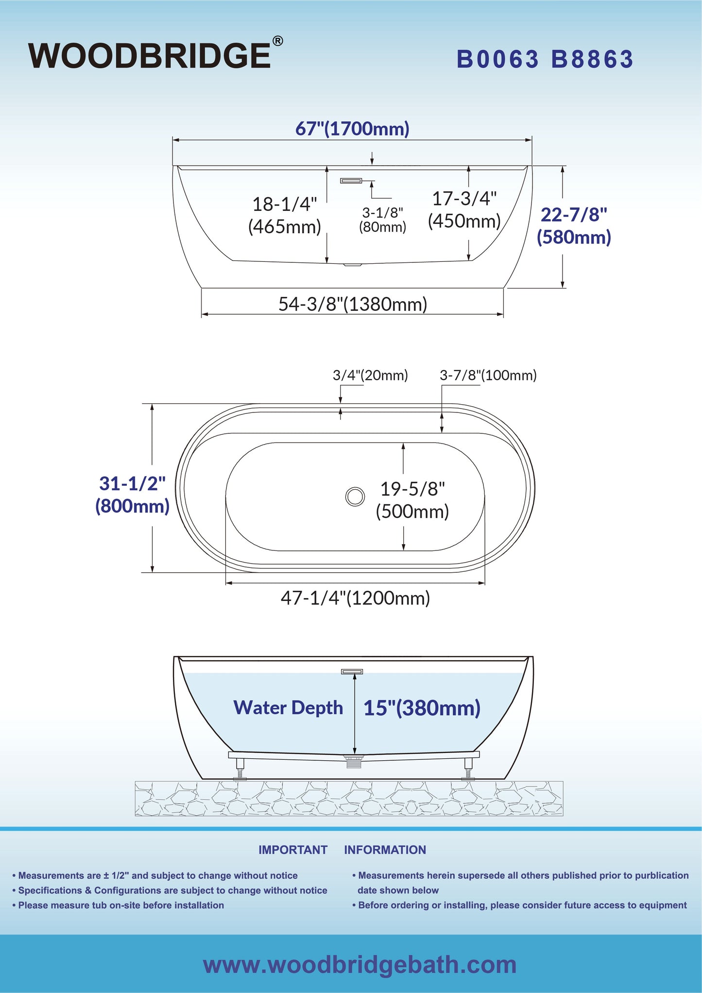 WOODBRIDGE 67" L x 31-1/2" W Freestanding Contemporary Acrylic Soaking Bathtub