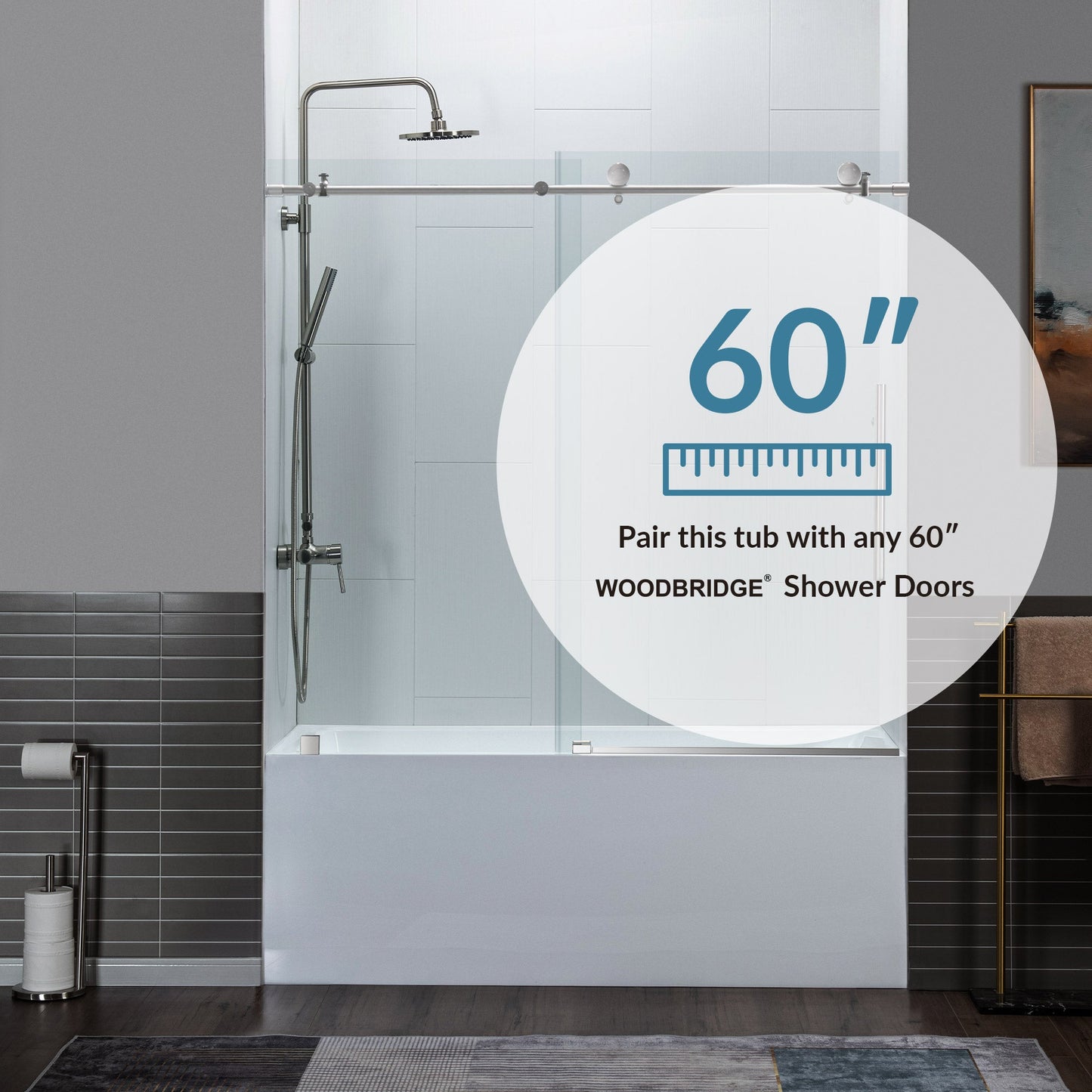 WOODBRIDGE 60" Acrylic Rectangular Alcove Soaking Bathtub in White with Left Drain