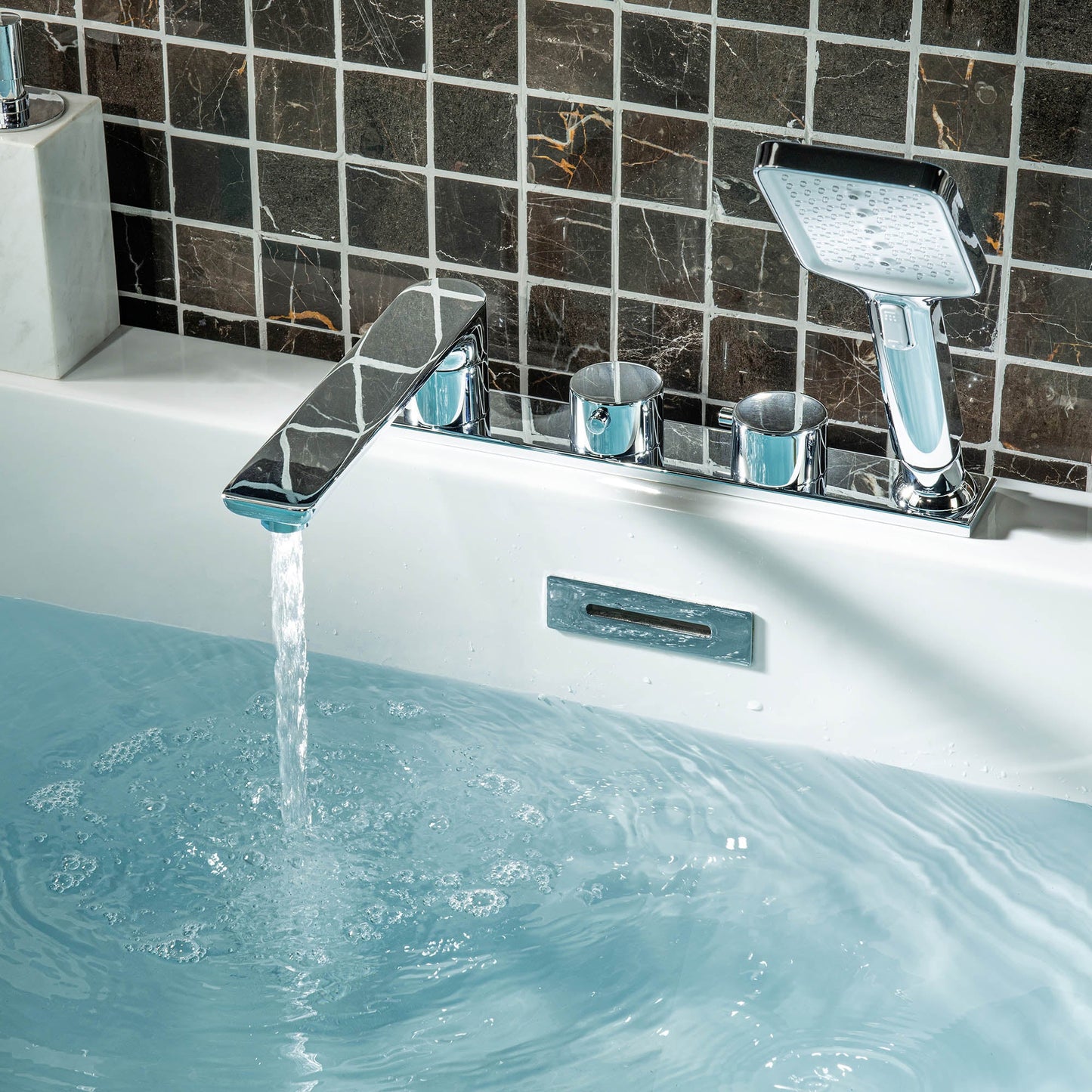 WOODBRIDGE Widespread Deck Mount Roman Tub Faucet with Hand Shower, Two-Handle 4-Holes Bathtub Shower Faucet Set