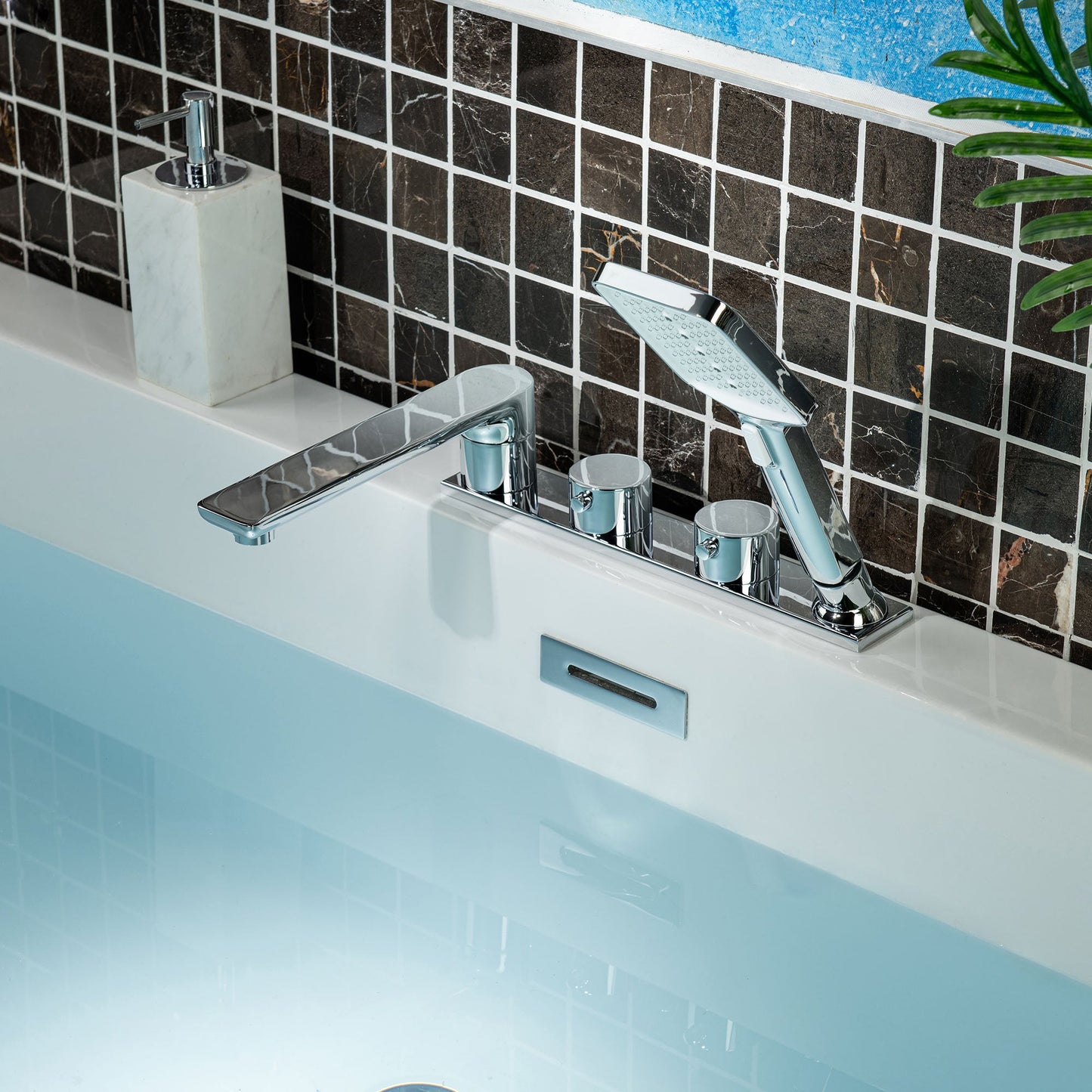 WOODBRIDGE Widespread Deck Mount Roman Tub Faucet with Hand Shower, Two-Handle 4-Holes Bathtub Shower Faucet Set