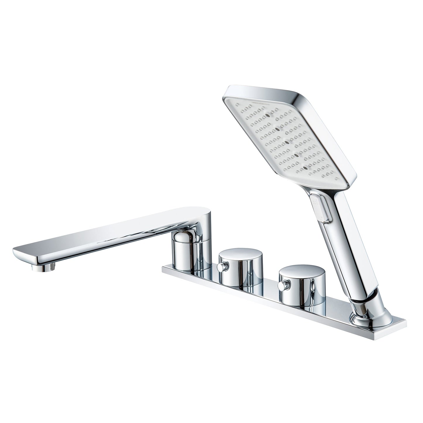 WOODBRIDGE Widespread Deck Mount Roman Tub Faucet with Hand Shower, Two-Handle 4-Holes Bathtub Shower Faucet Set