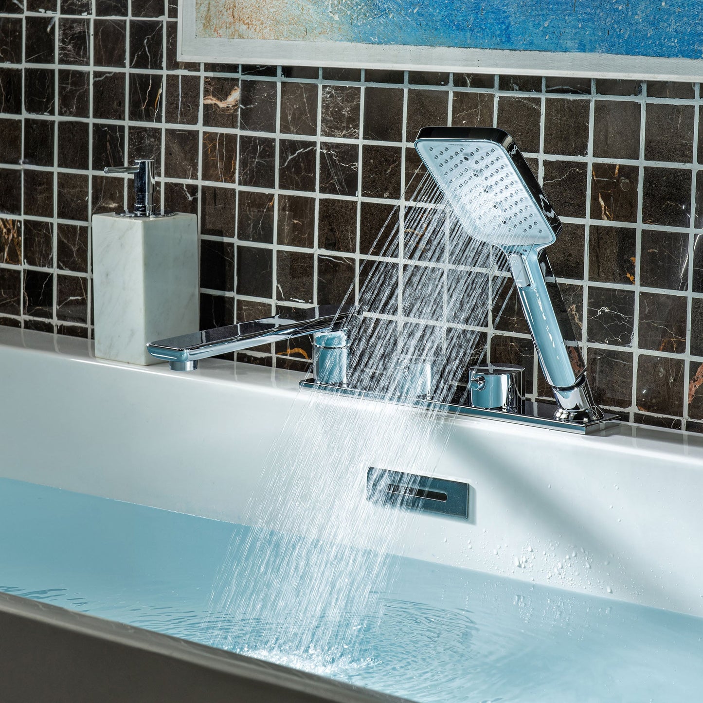 WOODBRIDGE Widespread Deck Mount Roman Tub Faucet with Hand Shower, Two-Handle 4-Holes Bathtub Shower Faucet Set